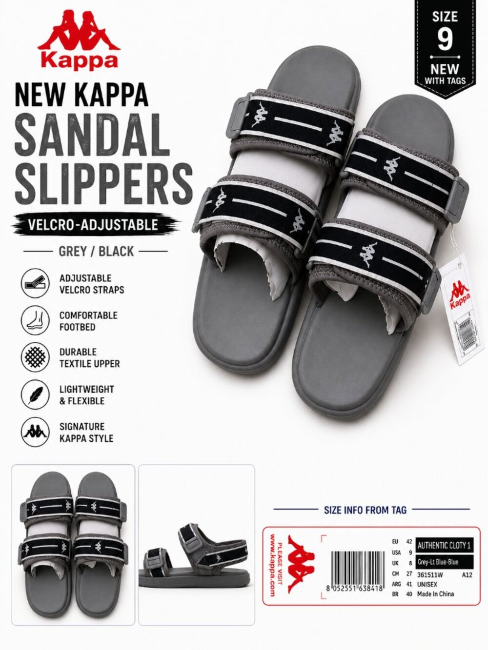 NWOB Kappa Adjustable Velcro Sport Sandals Grey Black Size 9 (Damage)